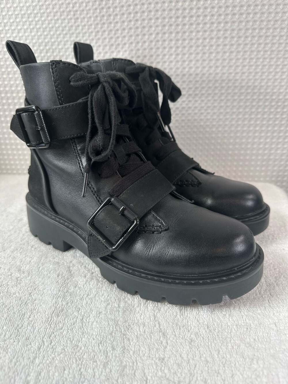 UGG Noe Black Leather Buckle Combat Boots Size 6